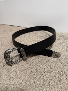 Black Western-Style Leather Belt with Ornate Silver Buckle